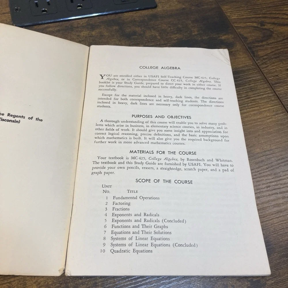 College Algebra Armed Forces Institute Study Guide Book 1952 Madison 3 Wisconsin